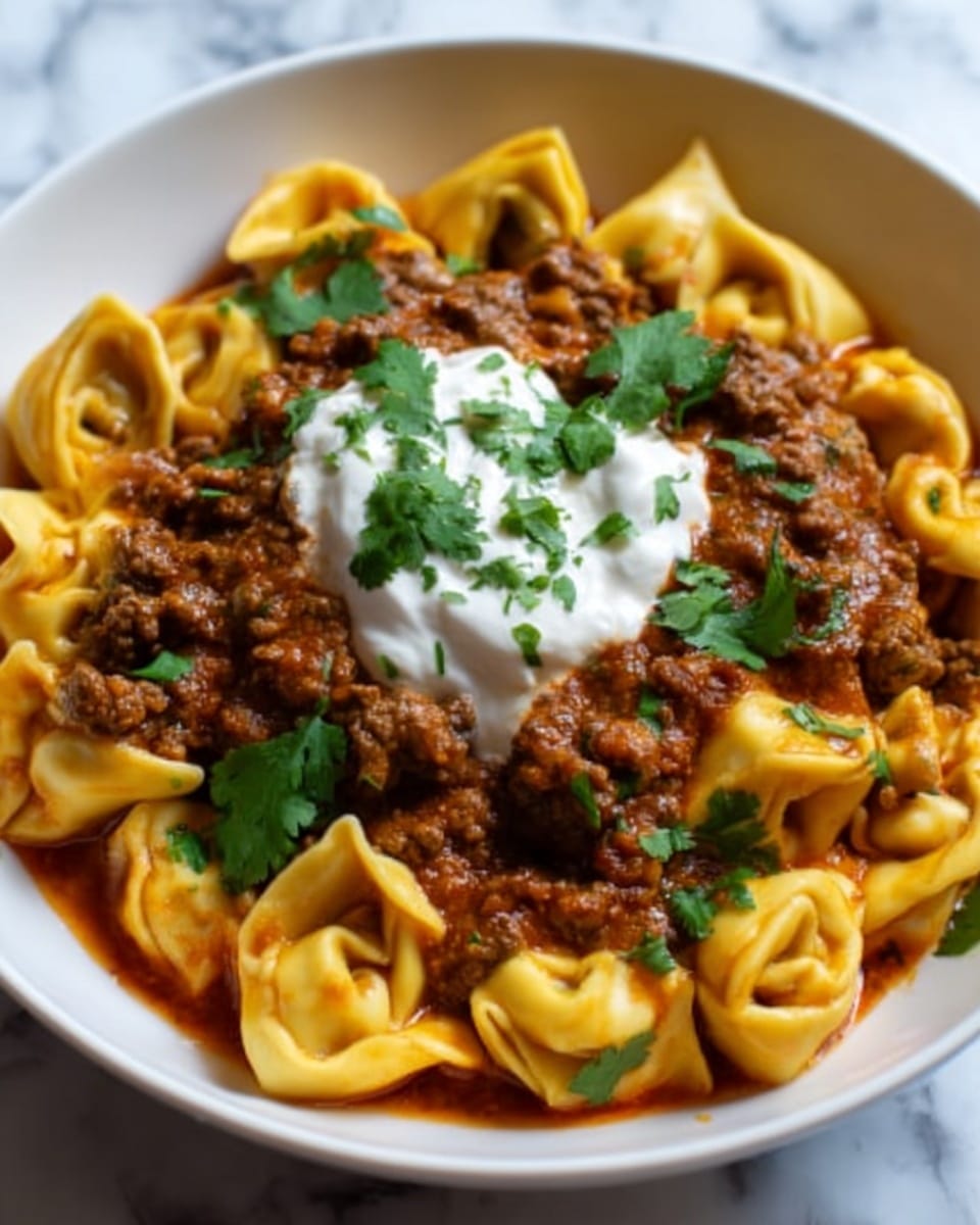 A white bowl filled with a rich dish of pasta and meat sauce, showing roughly three layers: the bottom layer is small pasta shells with a soft yellow color, the middle layer is thick brown meat sauce with a slightly chunky texture spread evenly, and the top layer is a dollop of white creamy sour cream garnished with fresh green parsley leaves. The overall texture looks hearty and comforting, placed on a white marbled surface. Photo taken with an iphone --ar 4:5 --v 7