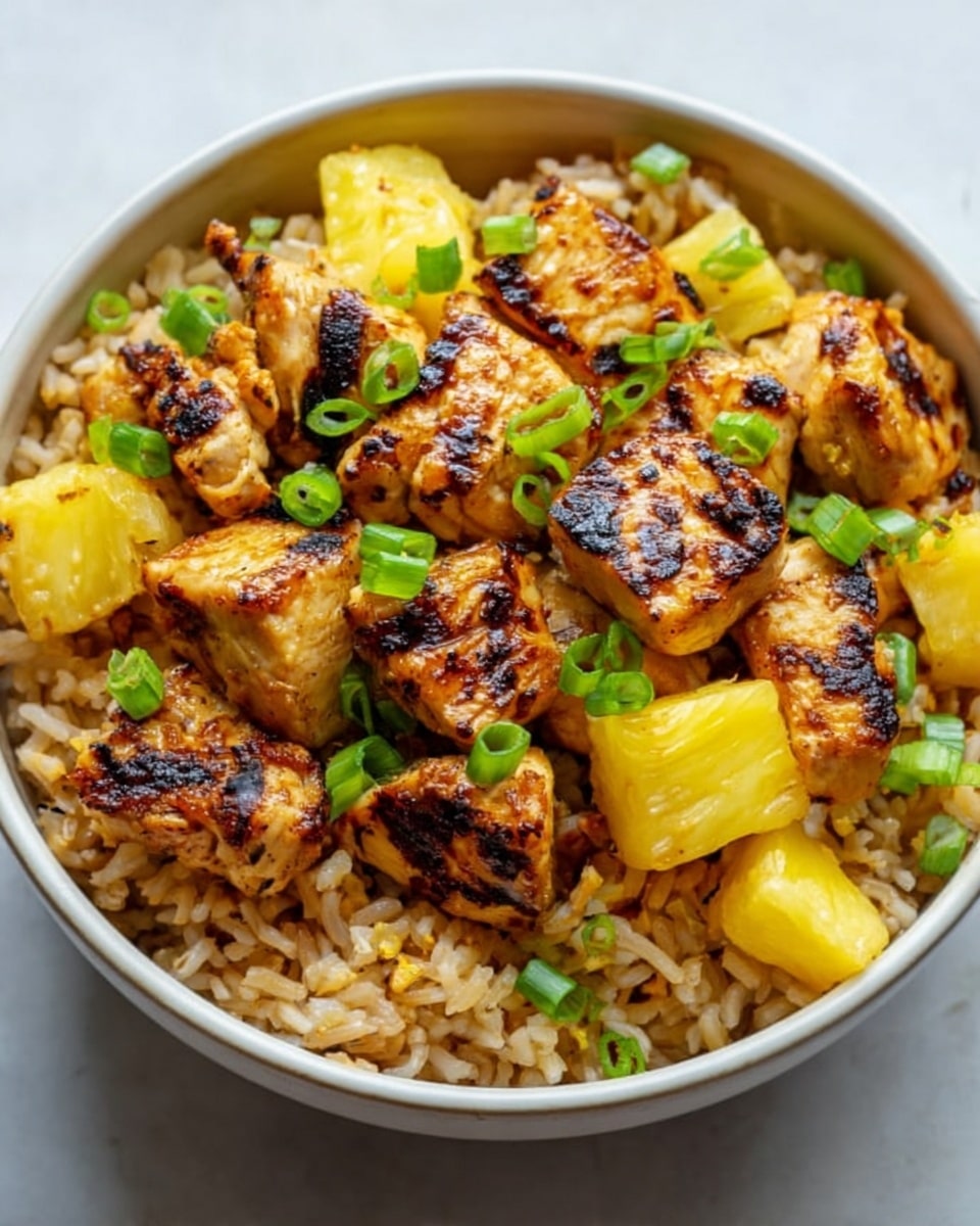 The image shows a white bowl filled with three layers: at the bottom is a bed of light brown cooked rice, above it are several chunks of grilled chicken with a golden brown and slightly charred surface, and on the top layer are bright yellow pineapple pieces and small green chopped scallions scattered around. The chicken pieces have a slightly shiny, glazed look with grill marks, and the pineapples are fresh and juicy looking. The bowl is placed on a white marbled surface. photo taken with an iphone --ar 4:5 --v 7