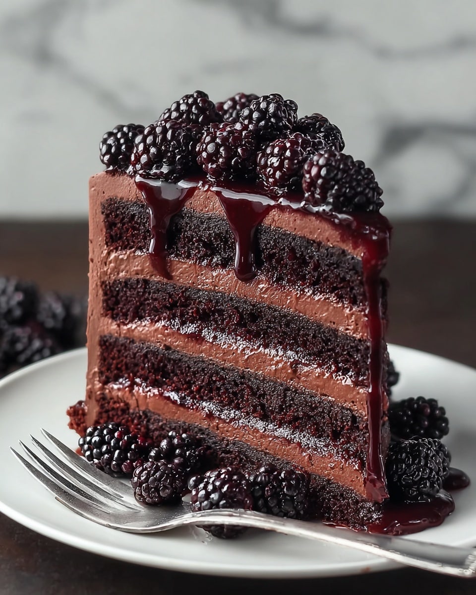 A tall slice of chocolate cake with four layers of dark, moist chocolate sponge, each separated by thick, smooth chocolate frosting layers and thin layers of dark red berry jam. The top layer is covered with more smooth chocolate frosting and piled with shiny blackberries, with berry sauce dripping down the side. Around the base of the slice on a white plate are several plump blackberries, and there is a silver fork next to the cake. The background is a white marbled texture. photo taken with an iphone --ar 4:5 --v 7