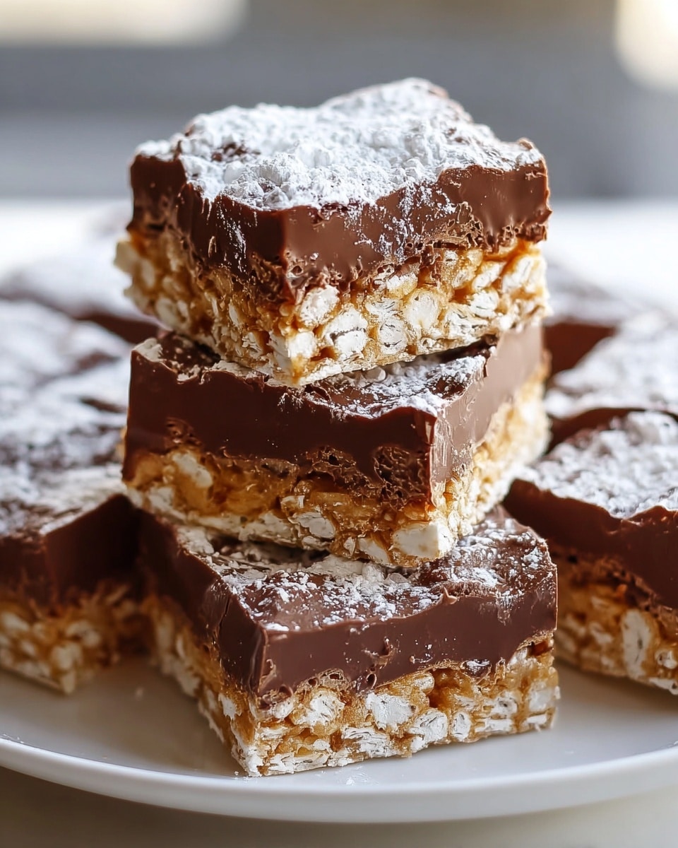 The image shows a stack of five square dessert bars on a white plate, placed on a white marbled surface. Each bar has two distinct layers: the bottom layer is light brown with a crunchy texture visible, mixed with small white bits that look like puffed rice or cereal; the top layer is thick and creamy dark brown chocolate with a smooth but slightly rough surface. The bars are dusted with white powdered sugar on top, giving a soft snowy effect. The stack is arranged with three bars forming the base, one bar leaning against them, and one bar balanced on top, showing a close-up view that highlights the texture and layers clearly. Photo taken with an iphone --ar 4:5 --v 7