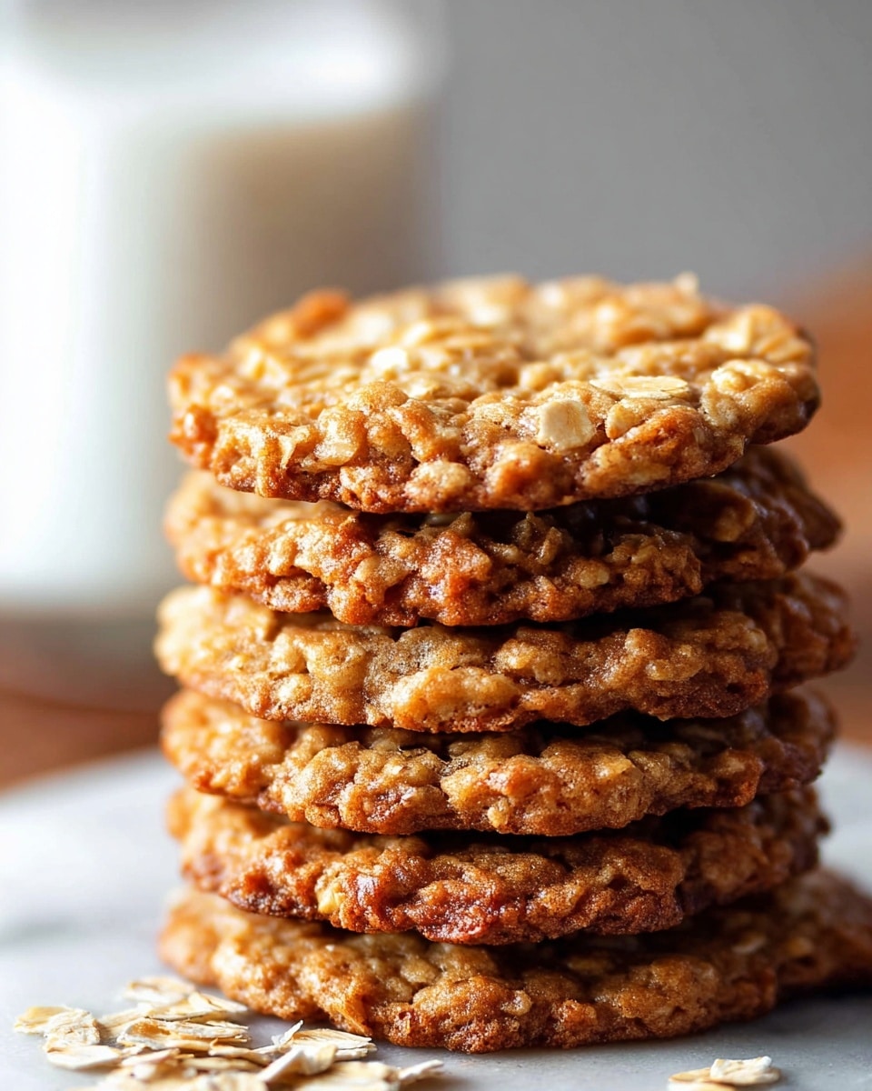 A close-up view of a stack of five round oatmeal cookies, each cookie showing a golden brown, slightly rough texture with visible oat flakes embedded throughout. The cookies are thick and have a slightly uneven, natural shape, with the edges appearing crispier and darker than the middle. Some loose oat flakes are scattered at the base of the stack on a white marbled surface, giving a natural and fresh feel. In the blurred background, a white glass of milk is softly visible. photo taken with an iphone --ar 4:5 --v 7