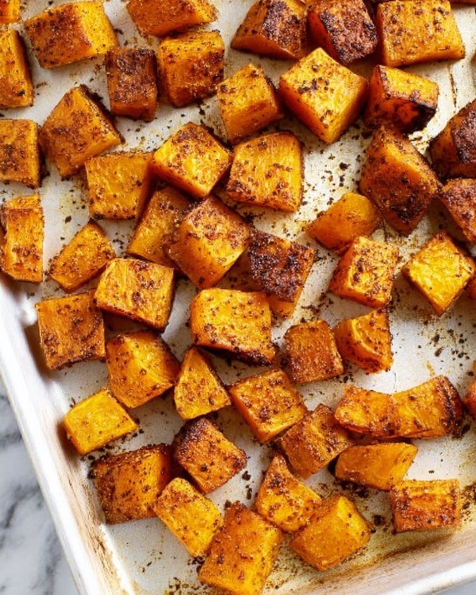 The image shows many chunks of roasted orange pumpkin with a slightly crispy, browned outside, spread evenly over a white baking tray. The pumpkin pieces have a rough texture from the roasting and seasoning specks visible on the surface. The overall color ranges from deep orange to darker brown at the edges, showing a mix of soft inside and crispy outside. The tray is set on a white marbled surface. photo taken with an iphone --ar 4:5 --v 7