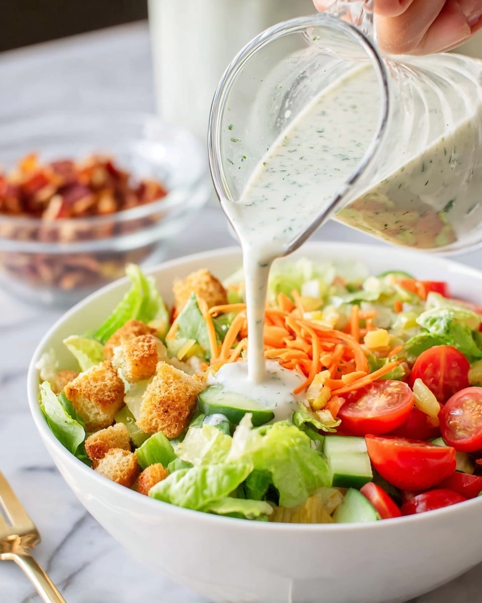 A white bowl filled with a colorful salad containing three main layers: the base layer is fresh green lettuce leaves, the middle layer has bright red cherry tomatoes and light green cucumber slices, and the top layer has golden brown croutons scattered with thin orange carrot strips. Above the bowl, a woman's hand pours creamy white dressing with small green herb specks from a clear glass pitcher onto the salad. The scene is set on a white marbled texture surface with blurred bowls of toppings in the background. photo taken with an iphone --ar 4:5 --v 7