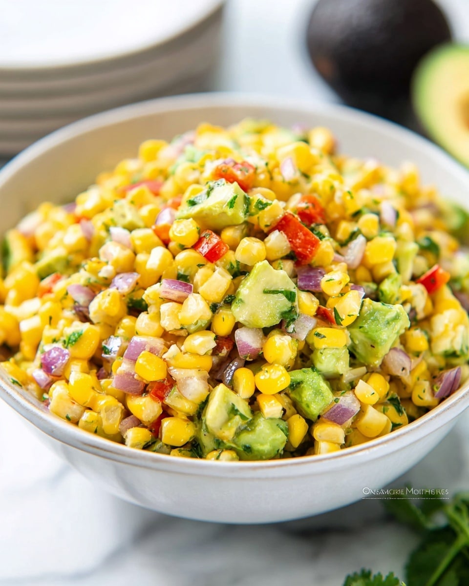 A white bowl filled with colorful corn salsa piled high, showing bright yellow corn kernels mixed evenly with small pieces of green avocado, red bell pepper, and purple red onion, all finely chopped, with specks of fresh green herbs scattered throughout. The textures are fresh and slightly chunky, with the bowl placed on a white marbled surface. The scene focuses closely on the vibrant and fresh mixture, highlighting the bright colors and fresh ingredients. Photo taken with an iphone --ar 4:5 --v 7