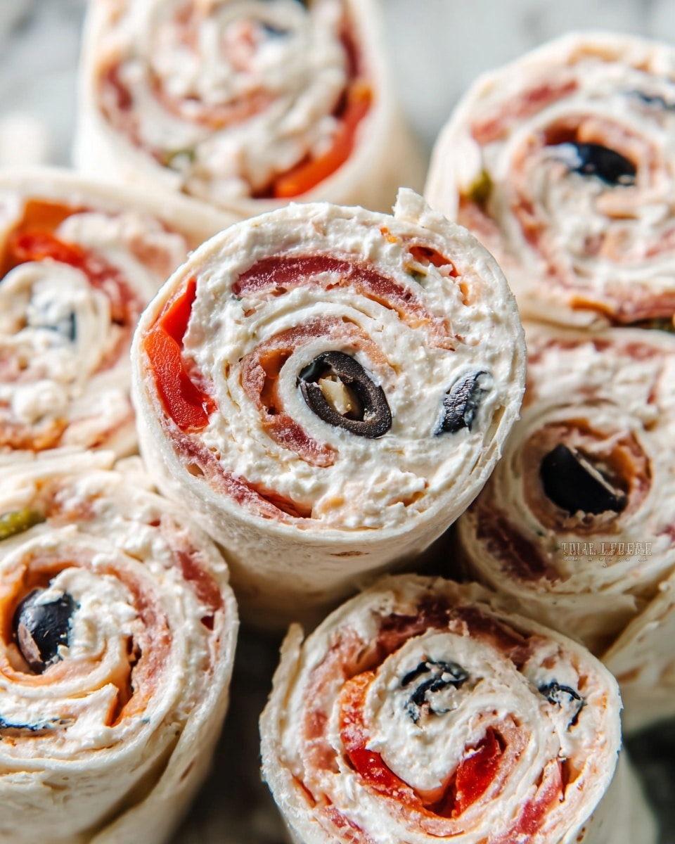 A close-up of several spiral tortilla pinwheels stacked together, each with three visible layers: a light beige tortilla outer layer, a creamy white spread layer with a slightly chunky texture, and vibrant thin slices of orange-red roasted red pepper and black olives scattered throughout. The pinwheels show a clear swirl pattern with the red pepper and olives appearing irregularly within the creamy spread, creating a colorful contrast. The background has a white marbled texture. photo taken with an iphone --ar 4:5 --v 7