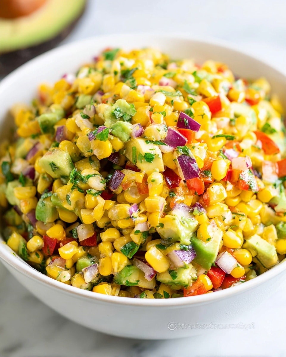 A close-up view of a bowl filled with a colorful corn salad made of bright yellow corn kernels, small chunks of green avocado, finely chopped red onions, and bits of red bell pepper, all mixed together with green herbs. The bowl is white and sits on a white marbled surface, with blurred white plates in the background and a dark avocado visible to the side. The salad looks fresh and lightly dressed, with a texture that appears crunchy and juicy. Photo taken with an iphone --ar 4:5 --v 7