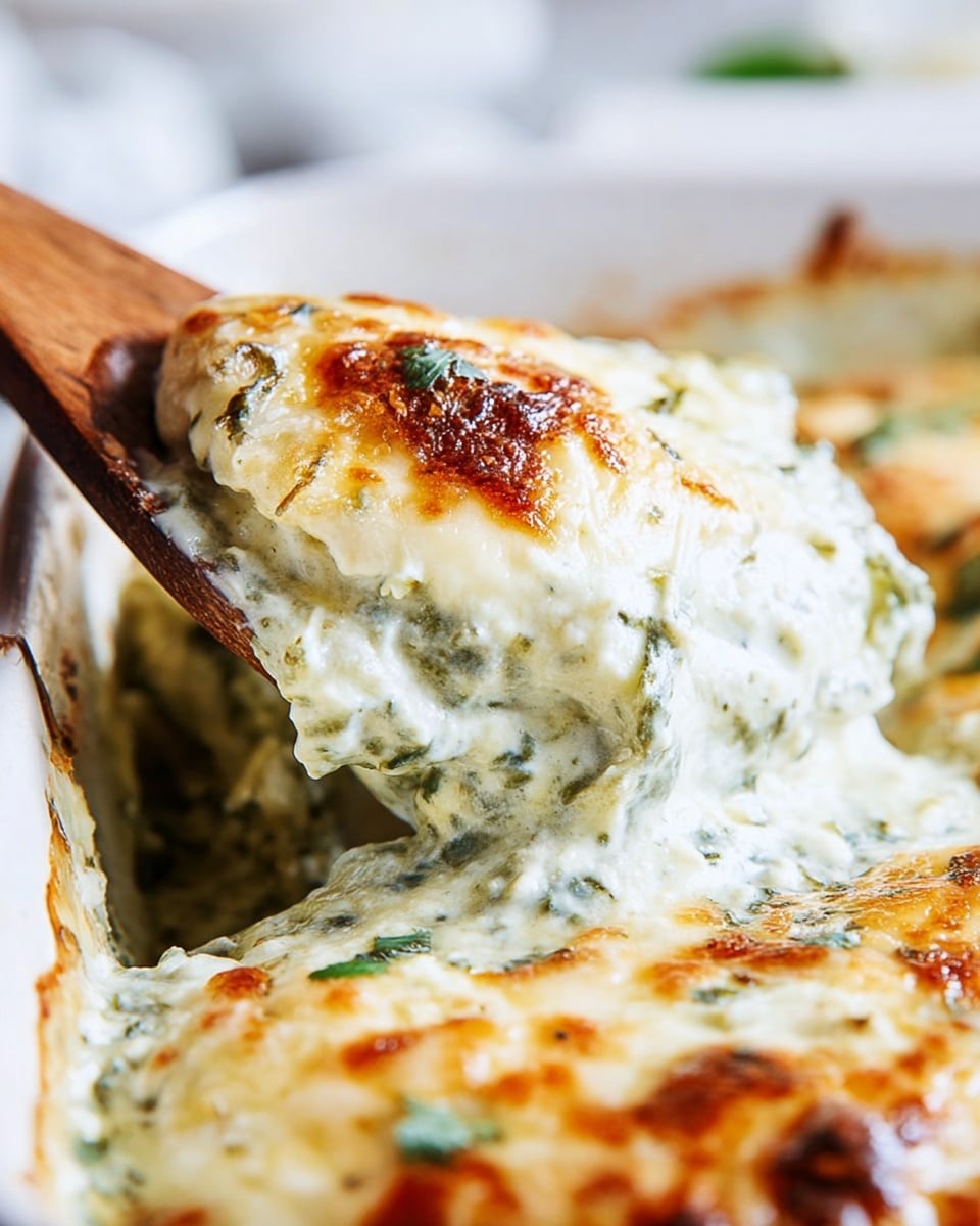 A creamy white casserole dish holds a cheesy baked spinach dip with melted cheese on top showing light golden spots and soft, bubbly texture. Inside the dish, a wooden spoon lifts a generous scoop of the thick mixture, revealing creamy layers studded with green spinach pieces and small bits of seasoning, giving a rich and smooth texture. The background features a soft, out-of-focus white marbled surface, adding a clean and bright feel to the image. photo taken with an iphone --ar 4:5 --v 7