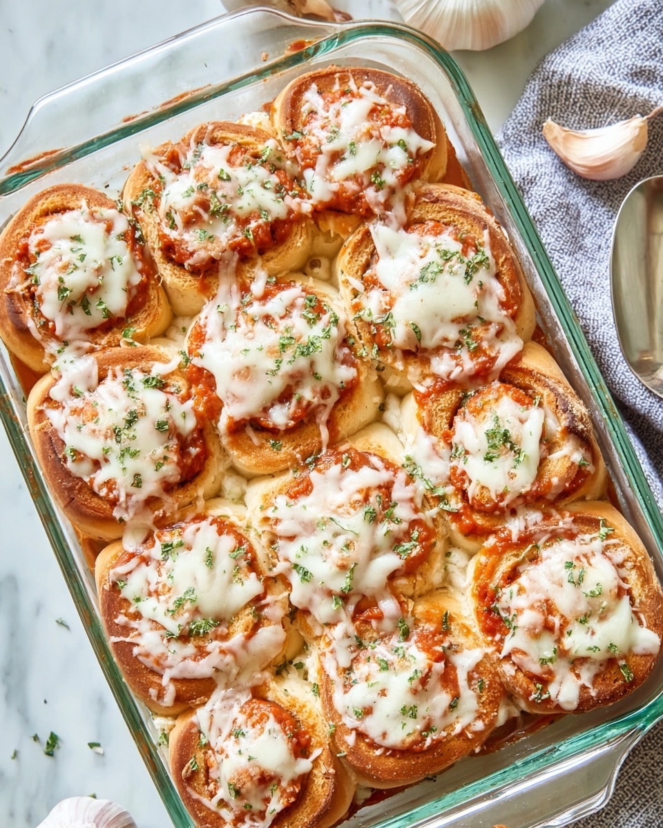 The image shows a glass baking dish filled with 20 small, golden-brown rolls arranged in four rows and five columns. Each roll has a visible layer of red tomato sauce on top, melted white cheese sprinkled over it, and some green herb pieces scattered evenly across the dish. The rolls have a soft, slightly shiny texture, with some cheese melted between the rolls, creating a creamy layer connecting them. The dish is placed on a woven mat on a white marbled surface, with whole garlic bulbs and a blue cloth partially visible around it. A spoon rests on the top edge of the dish. Photo taken with an iphone --ar 4:5 --v 7