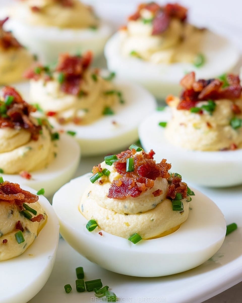 The image shows several deviled eggs placed closely together on a white plate over a white marbled surface. Each deviled egg has three visible layers: the smooth, glossy white egg white outer layer forms a hollow base; the middle layer is a soft, creamy pale yellow filling, swirled to form a small peak in the center; the top layer consists of small, crispy reddish-brown bacon bits and bright green chopped chives sprinkled over the filling. The eggs are uniformly cut in half, displaying the neat layers clearly. Photo taken with an iphone --ar 4:5 --v 7