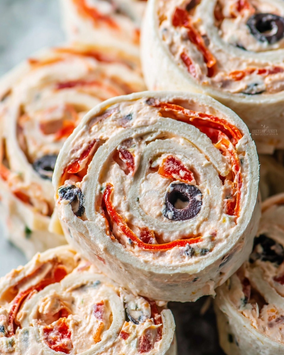 The image shows a close-up view of several pinwheel snacks, each rolled into one spiral piece. Each pinwheel has three visible layers: the outer layer is a soft white tortilla wrap, the middle layer is a creamy white spread with a slightly bumpy texture from small cheese pieces, and the inner layer consists of thin slices of bright red pepper and black olive pieces scattered evenly inside. The pinwheels are stacked closely together, filling the frame with their colorful spiral pattern. The background is a white marbled texture. photo taken with an iphone --ar 4:5 --v 7