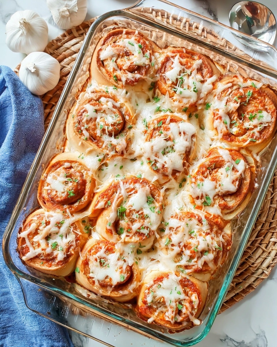 A clear glass baking dish filled with 15 soft, golden-brown roll-shaped pieces arranged in a 3 by 5 grid, each topped with a small round layer of red tomato sauce and melted white mozzarella cheese that is slightly stringy and scattered across the rolls; small green herb bits are sprinkled over the top, adding color contrast. The dish is placed on a white marbled textured surface with whole garlic bulbs and a silver spoon visible nearby. photo taken with an iphone --ar 4:5 --v 7